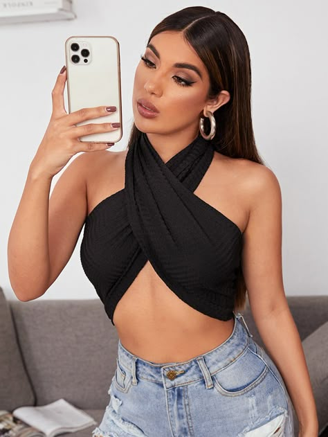 Cross Wrap Tie Back Crop Halter Top | SHEIN USA Cross Halter Top Outfit, Tie Back Halter Top, Top Halter Outfits, Criss Cross Top Outfit, Cross Top Outfit, Halter Top Outfit, Halter Tops Outfit, Cross Halter Top, Wrap Halter Top