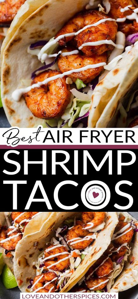 Easy Air Fryer Shrimp, Air Fryer Shrimp Tacos, Air Fried Shrimp, Best Shrimp Taco Recipe, Shrimp Tacos Recipe, Mexican Shrimp Recipes, Mexican Feast, Air Fryer Shrimp, Shrimp Tacos Easy