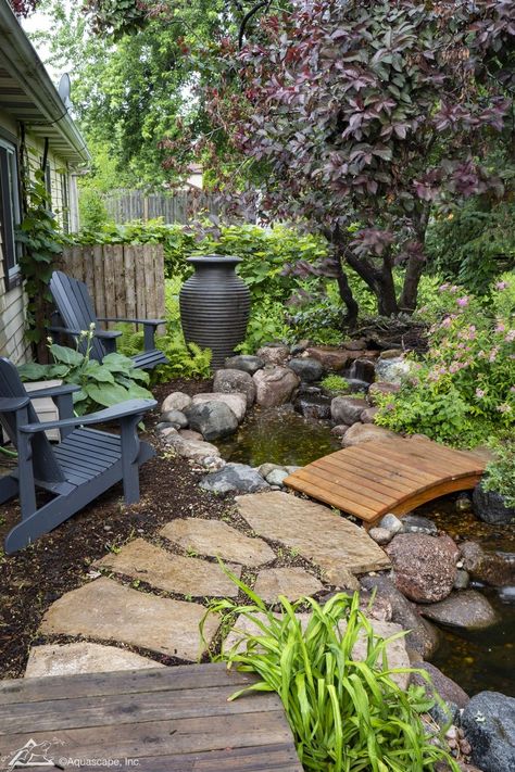 Village Garden Design, Pond In The Garden, Natural Garden Pond, Small Coy Pond, House With Pond In Front Yard, Small Pond Bridge, Pond Seating Area, Water Gardens Backyard, Wildlife Ponds For Small Gardens