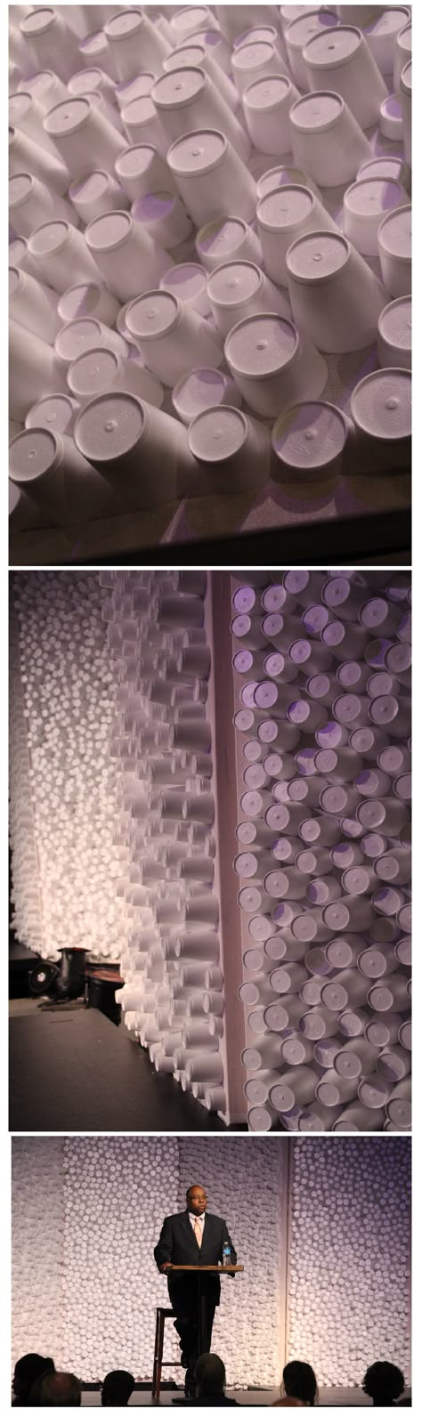 Styrofoam cups get a new life as a stage background. Event Stage Design Ideas Creative, Background Stage, Stage Ideas, Stage Designs, Decoration Event, Styrofoam Cups, Stage Background, Stage Decor, Stage Set Design