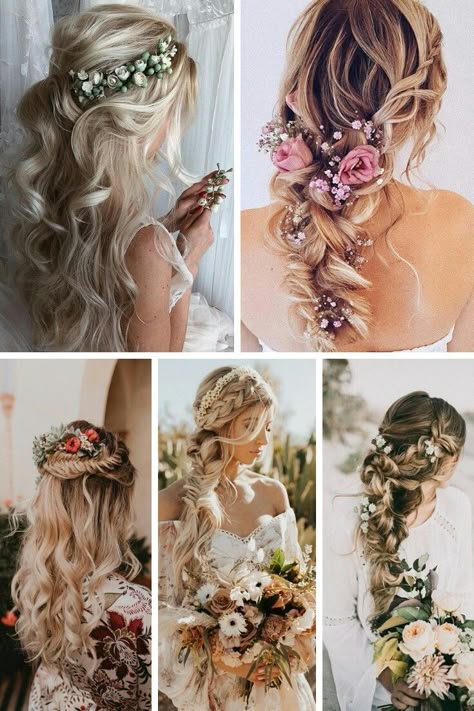 11 of our favourite boho wedding hair ideas will get your wedding hair sorted. Whether that is long boho bridal hair, messy buns or bridal plaits.  #wedding hairstyles #wedding hair styles updo #boho bridal hair #boho wedding hair Wedding Hair Plaits, Unique Wedding Hairstyles, Boho Bridal Hair, Bridal Braids, Plaits Hairstyles, Boho Wedding Hair, Wedding Hair Inspiration, Wedding Hair Flowers, Bridal Hairstyles