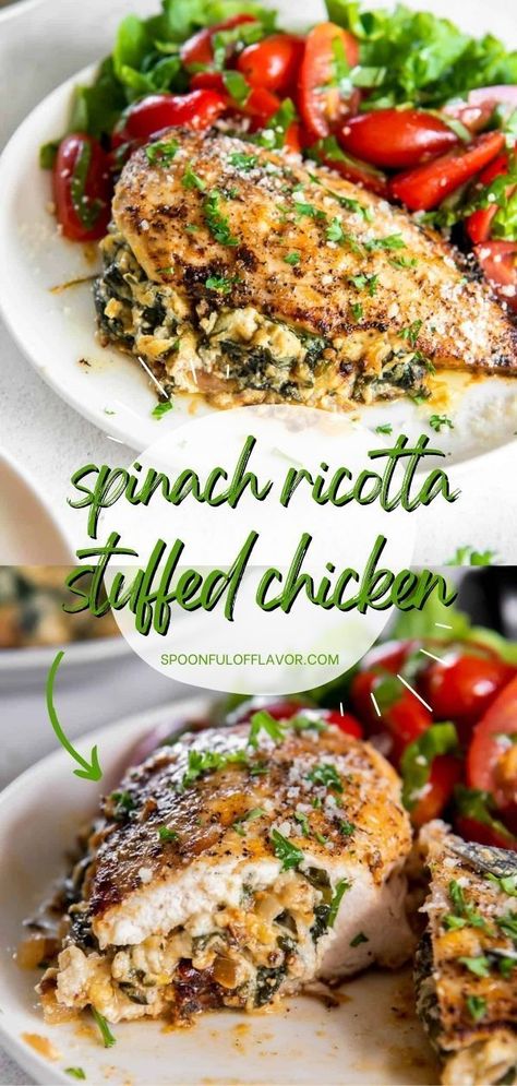 This contains: Spinach Ricotta Stuffed Chicken is a chicken dinner recipe for the family made with homemade spinach and ricotta filling inside chicken breasts! It's one delicious dinner recipe! Save this pin. Ricotta Stuffed Chicken Breast, Ricotta Stuffed Chicken, Ricotta Filling, Chicken Dinner Recipe, Spinach And Ricotta, Spinach Ricotta, Turkey Dishes, Stuffed Chicken, Best Chicken Recipes