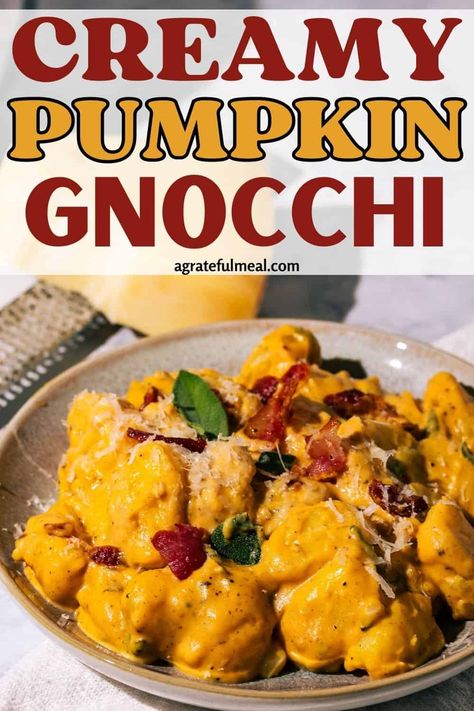 This creamy pumpkin gnocchi recipe is the perfect fall comfort food. Made with a delicious pumpkin sauce, crispy bacon, and fragrant sage, it's an easy fall dinner recipe. The gnocchi is soft and pillowy, and the sauce is creamy and flavorful. This recipe is a must-try fall dinner recipe for pumpkin lovers. Pumpkin Gnocchi With Chicken, Creamy Pumpkin Gnocchi, Pumpkin Gnocchi Recipes, Gnocchi With Bacon, Cheesy Gnocchi, Easy Fall Dinner, Easy Fall Dinner Recipes, Bacon Pasta Recipes, Italian Gnocchi