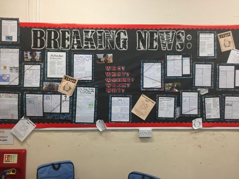 Crime board style newspaper article display - the Rocketeer Newspaper Bulletin Board Ideas, Journalism Classroom Decor, Wall Newspaper School Ideas, Newspaper Bulletin Board, Newspaper Article Display, Information Bulletin Boards, Trifold Board, Display Boards For School, Teaching Displays