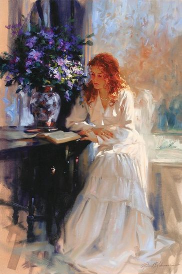 Richard S Johnson, Painting Of A Woman, A Book, A Woman, Vase, Flowers