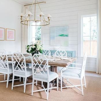 Brass Ring Chandelier Over Rectangular Salvaged Wood Dining Table - Cottage - Dining Room Katie Davis Design, Katie Davis, Bamboo Dining Chairs, Cottage Dining Rooms, Coastal Dining Room, Modern Farmhouse Dining Room, Coastal Dining, White Shiplap Wall, Modern Farmhouse Dining