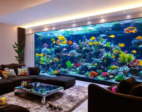 Transform your space with a big fish tank, adding a touch of underwater beauty to your beautiful living room. #AquaticSerenity #BeautifulLivingRoom #FishTankDecor #HomeStyle #UnderwaterBeauty Aquarium Home Design, Fish Tank Home Decor Living Rooms, Large Aquarium In Living Room, Big Aquarium In House, Fish Tank In Room, Wall Aquarium Living Rooms, Fish Aquarium Ideas For Living Room, Large Fish Tank Ideas, Aquarium In House