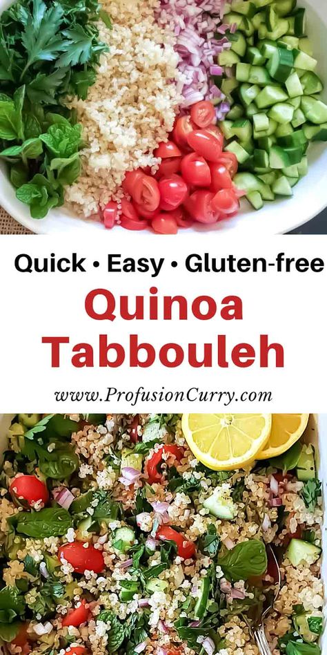 Quinoa tabouli is a variation of the traditional Middle Eastern tabouli salad. In quinoa tabouli, the bulgur wheat is replaced with quinoa, a nutritious pseudo-cereal that is gluten-free and rich in protein, fiber, vitamins, and minerals. Tabuli Salad Quinoa, Quinoa Tabouli Salad, Tabouli Salad Traditional, Tabuli Salad, Easy Work Lunches, Gluten Free Quinoa Salad, Quinoa Tabouli, Awesome Salads, Healthy Quinoa Salad