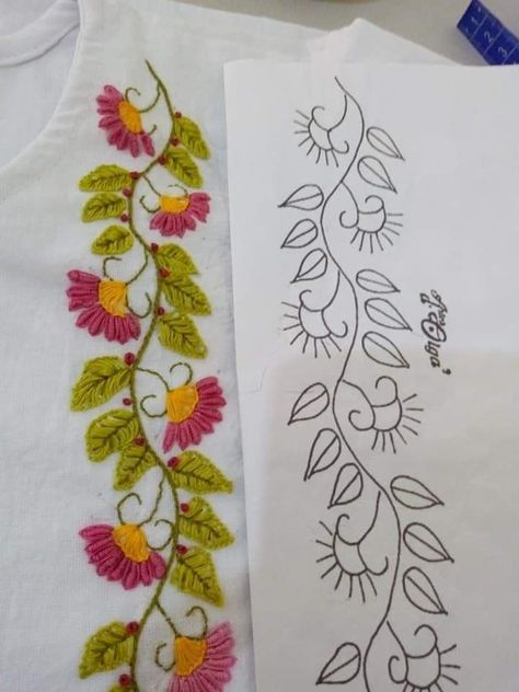 Border Hand Embroidery Designs Patterns, Hand Embroidery Patterns Flowers Drawings, Neck Design Ideas, Embroidery Neck Design, Bordado Jacobean, Simple Hand Embroidery, Hand Embroidery Patterns Free, Simple Hand Embroidery Patterns, Ribbon Embroidery Tutorial