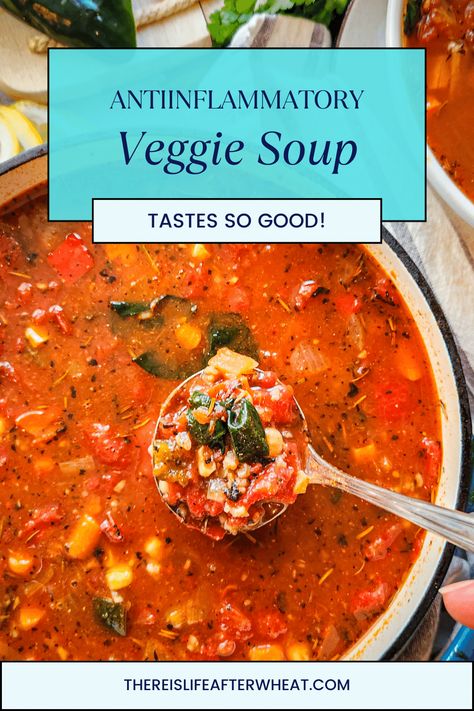 Looking for healthy soup recipes? This one has it all! It's a Panera Copycat 10 vegetable soup full of antiinflammatory vegetables and whole grains. Makes a big batch that freezes well, perfect for dinner and meal prep! Anti Inflammation Vegetable Soup, Soups Good For Pancreas, Copycat Vegetable Soup, Antiinflammatory Soup Instant Pot, Tasty Vegetable Soup, Low Glycemic Soup Recipes, Lactose Free Soup Recipes, Antiinflammatory Soup Crockpot, Low Fat Soup Recipes Gallbladder