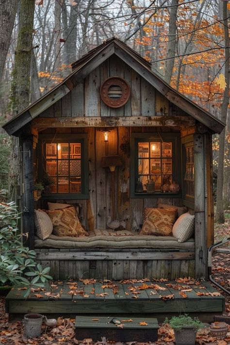 Stellar Jay, Wooden Shack, Garden Shed Ideas, Garden Cabins, Backyard Seating Area, Little Cabin In The Woods, Shed Ideas, Garden Nook, Log Cabin Rustic