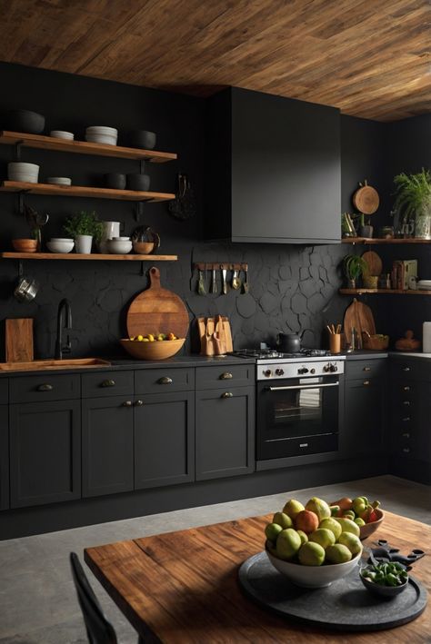 home decor interior design,color matching painting,interior bedroom design,living room interior Black Themed Kitchen, Black Wall Kitchen, Black Kitchen Walls, Black Kitchen Wall, Japandi Office, All Black Kitchen, Kitchen Renos, Moody Kitchen, Black Kitchen Decor