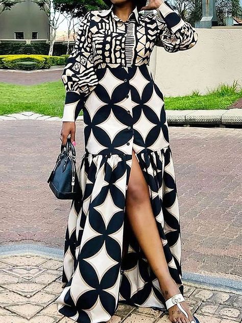 Elegant Shirt Dress, Shirt Collar Pattern, Mode Prints, Shirt Collar Styles, Afrikaanse Mode, Maxi Shirts, Elegant Maxi Dress, Classy Dress Outfits, African Fashion Women