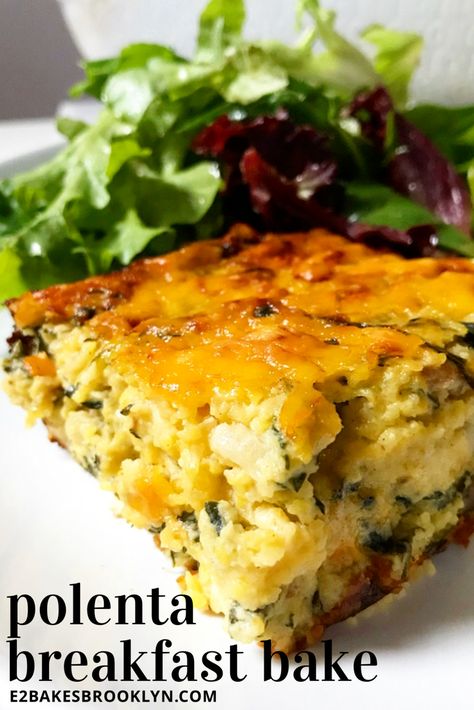 Polenta Breakfast Bake | e2 bakes brooklyn Polenta Dinner Recipes, Polenta Bake, Polenta Breakfast, Polenta Casserole, Breakfast Polenta, Bake Breakfast, Raw Breakfast, Baked Polenta, Polenta Recipes