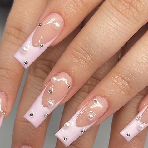 @nailzbyliz_ on Instagram: "Pink French tips with stones 💞 • • Using @kiaraskynails • Use NAILZBYLIZ10 for $$ off • • #kiarasky #kiaranails" Light Pink Nail Designs, Pastel Pink Nails, Flamingo Nails, Light Pink Nails, Tip Nails, Long Square Acrylic Nails, Pink Nail Designs, Nail Forms, Pink Acrylic Nails