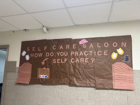 RA bulletin board, western hall theme, country bulletin board, self care Western Bulletin Boards, Hall Themes, Dorm Hallway, Health Bulletin Boards, Ra Board Ideas, Resident Advisor, Ra Bulletins, Bulletin Board Design, Ra Boards