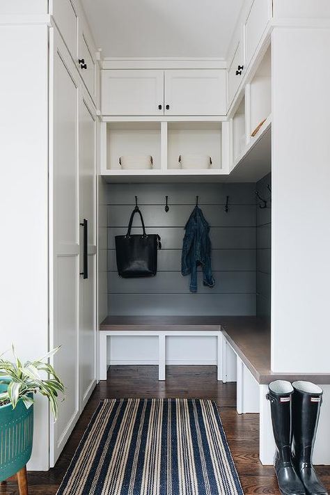 Shiplap Trim, Transitional Laundry Room, Small Mudroom Ideas, Mudroom Cubbies, Mudroom Remodel, Mudroom Cabinets, Mud Room Entry, Sunroom Addition, Mudroom Entryway