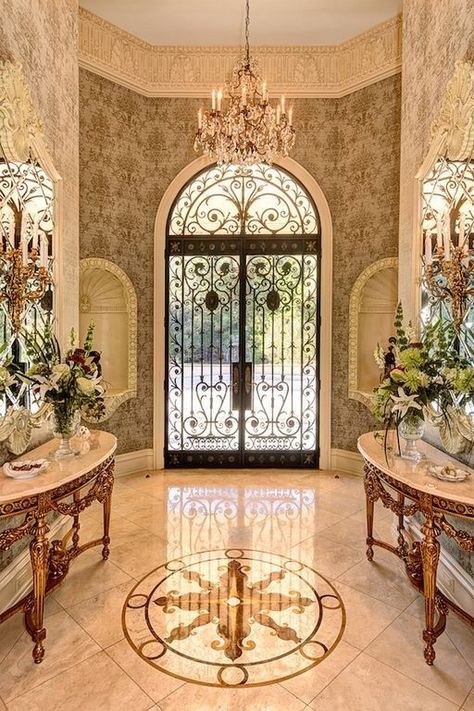 Gorgeous Entryway, Billionaire Club, Beautiful Entrance, Wrought Iron Door, Tuscan Design, Marble Tile Floor, Foyer Decorating, Foyer Design, Tuscan Decorating