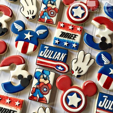 America Cookies, Happy Birthday Julian, Captain America Birthday Party, Captain America Cake, Mouse Cookies, Captain America Birthday, Minnie Mouse Cookies, Hand Painted Cookies, Mickey Mouse Cookies