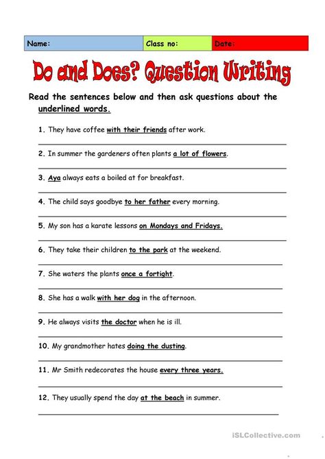 Do & Does? Question Writing? - English ESL Worksheets for distance learning and physical classrooms Do Does Questions Worksheet, Esl Exercises, Present Simple Tense, Writing English, Esl Reading, Esl Activities, Grammar Practice, Wh Questions, Teaching Jobs