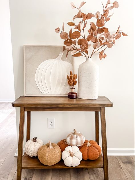 White Vase Fall Decor, Neutral Fall Decor With Pops Of Orange, Neutral Side Table Decor, Fall Night Stand Decor, Fall Decor Elegant, Autumn Vase Decor, Fall Decor On Shelves, Side Table Fall Decor, Fall Built In Shelves Decor