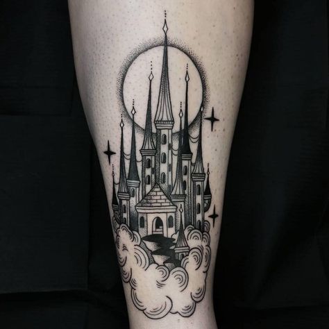 Castle In The Clouds, Shin Tattoo, Castle Tattoo, Tattoo Apprenticeship, Becoming A Tattoo Artist, Planet Tattoos, City Tattoo, Fantasy Tattoos, Cloud Tattoo