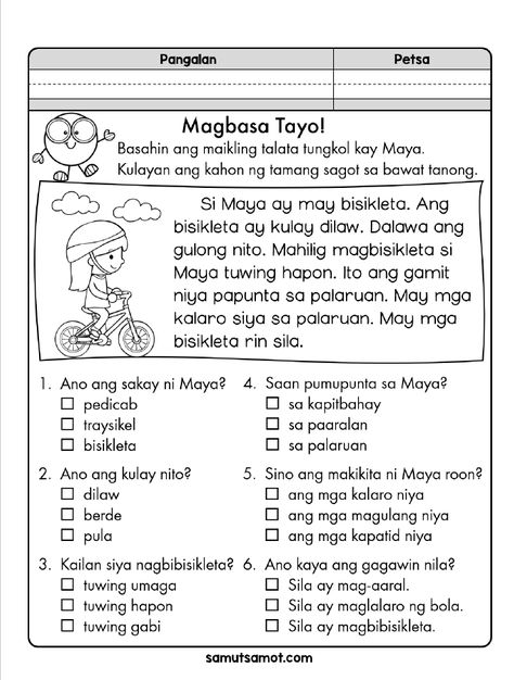 Here are three reading comprehension exercises in Filipino for primary grade students. Each exercise has a short and simple paragraph and six multiple-choice questions. Please read the Terms of Use in the PDF file. Downloading the file means you agree to abide by the Terms of Use. To print the downloaded PDF file, open the … Grade 2 Filipino Reading, Reading Comprehension For Grade Three, Tagalog Comprehension With Question, Grade 1 Filipino Reading, Tagalog Reading For Grade 1, Kwentong Pambata Tagalog With Questions, Filipino Grade 2 Pagbasa, 1st Grade Reading Worksheets Tagalog, Tagalog Reading Comprehension Grade 1