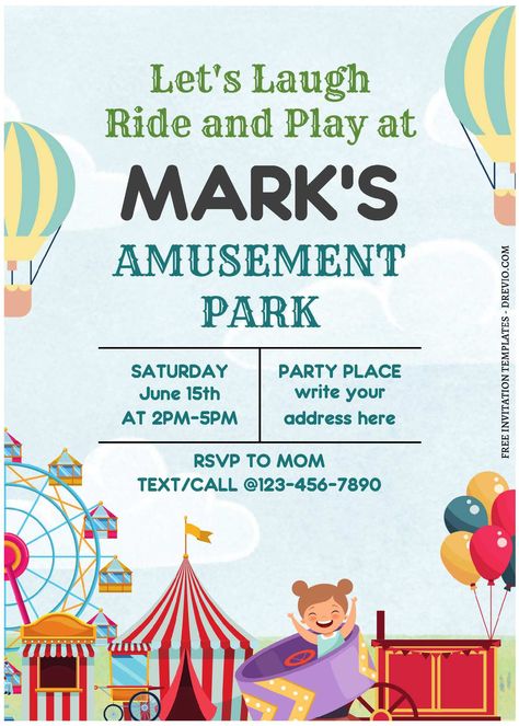 Get (Free Editable PDF) Amusement Park Birthday Invitation Templates Birthdays are the best type of occasion to celebrate. Another year has passed for you or a loved one, and that is certainly cause for celebration. You will need to send invitations whether you are pla... Indoor Playground Party, Amusement Park Birthday, Park Birthday Party, Birthday Party At Park, Invitation Letter, Park Birthday, Birthday Look, Free Canva Templates, Birthday Activities