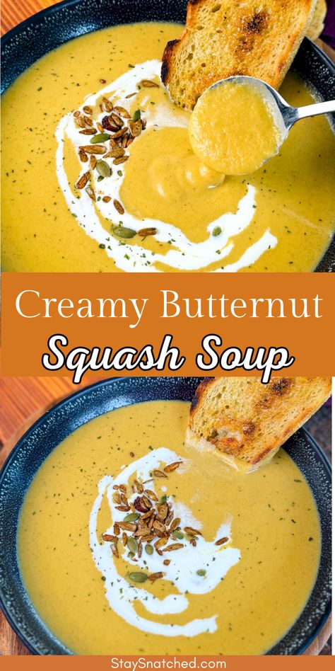 There’s something irresistibly comforting about a bowl of creamy butternut squash soup. Made with squash, a touch of cinnamon, and a hint of garlic, its velvety texture, subtle sweetness, rich, and savory flavor make it the perfect fall dish. It's easy to make, full of nutrients, and perfect for cozy dinners or meal prepping. Butternut Squash Cheddar Soup, Butternut Squash Soup Cream Cheese, Butternut Squash Cream Soup, Creamy Butternut Squash Soup Recipes, Cream Of Squash Soup, Smoked Butternut Squash Soup, Butternut Squash Soup With Cream Cheese, Creamy Fall Soup, Sweet Butternut Squash Soup