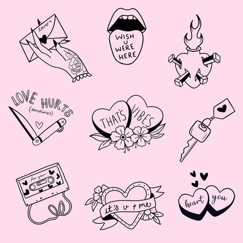 Self Love Flash Tattoo, Anti Valentines Tattoo, Lovecore Tattoo, Love Flash Tattoo, Valentines Drawings Ideas Easy, Valentine Tattoo Ideas, Valentines Tattoo, Easy Tattoos To Draw, Cute Drawings Of Love