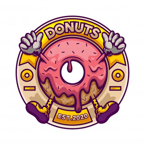 Donut logo mascot in circle badge | Premium Vector #Freepik #vector Donut Logo Design Ideas, Donut Logo Design, Eco Logo Design, Donut Cartoon, Donut Logo, Balloon Logo, Tipografi 3d, Inspiration Logo Design, Logo Mascot