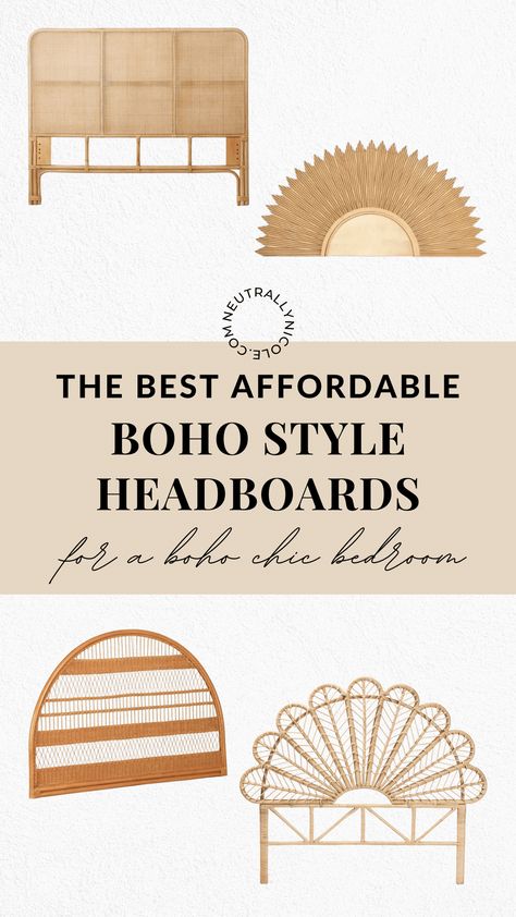 The Best Affordable Boho Headboards — Neutrally Nicole Simple Boho Headboard, Art Deco Head Boards, Wood Boho Headboard, King Boho Headboard, Modern Boho Headboard, Diy Bed Frame Boho, Natural Headboard Bedroom, Boho King Bed Frame, Diy Boho King Headboard