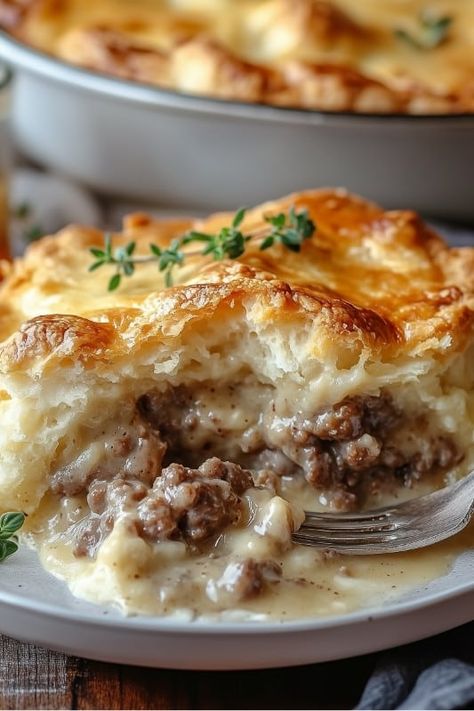 Sausage and Gravy Pie with Biscuit Crust Recipe Sausage Patties And Eggs, Pie Crust Casserole, Savory Pie Crust Recipe Dinners, Grands Biscuit Recipes Breakfast Eggs, Breakfast Pot Pie Recipe, Dinner With Pie Crust, Monterey Sausage Pie, Sausage Gravy And Biscuit Pie, Leftover Sausage Gravy Recipes