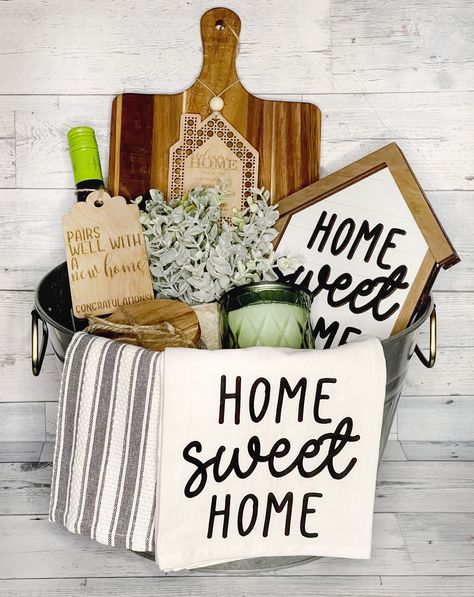 You will  like this. Diy New Home Gift Basket, Buyer Gift Baskets Real Estates, Realtor Welcome Home Basket, Real Estate Closing Gift Basket, Realtor Welcome Home Gift, Real Estate Raffle Ideas, Housewarming Gift Diy Cricut, First Time Home Buyer Gifts, Cricut Gift Basket Ideas