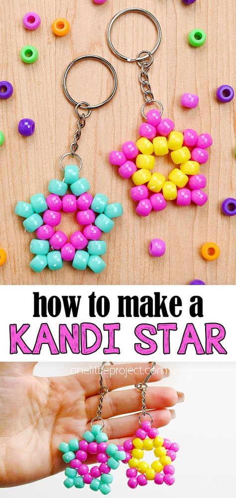 Have fun making these bright and colourful kandi stars! These pony bead stars make an adorable DIY keychain, and they're SO EASY to make! Both kids and adults will have fun making this simple pony bead craft. And you only need a few simple dollar store supplies! Elementary Jewelry Making, Fall Pony Bead Crafts, Mario Pony Bead Patterns, How To Make Pony Bead Keychains, Pony Beaded Animals, Tiny Bead Crafts, Pony Bead Star Patterns, Small Pony Bead Patterns, Easy Bead Animals