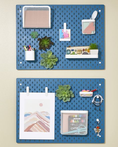 Head on view of two blue pegboards hanging on a beige wall. Each pegboard has an assortment of small plants, pen cups and art. Pegboard Art Display, Pegboard Art, Pegboard Ideas, Bio Design, Beige Wall, Serene Bedroom, Nyc Design, Funky Design, Prop Styling