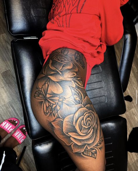 Whole Side Body Tattoos Women, Female Tattoo Ideas Black Women, Tattoo Ideas Female Side Leg, Baddie Tattoo Ideas Female Leg Sleeve, Leg Tat Black Woman, Tigh Tattoo Black Women, Lion Thigh Tattoo Black Women, Leg Tattoos Women Black, Big Tattoos For Women Thigh