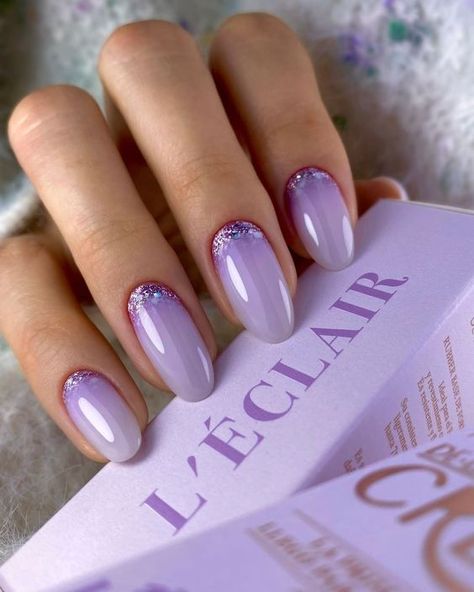 15 Short Acrylic Winter Nail Ideas for 2023-2024 French Nails With Glitter Base, Purple Crystal Nails, Glitter Base Nails, Lila Nail Art, Pretty Purple Nails, Lila Nails, Baby Glam, Purple Manicure, Purple Nail Art