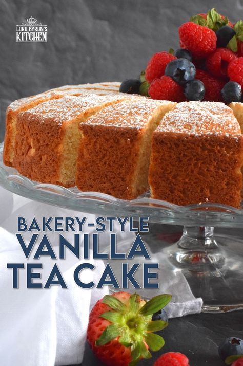 This Bakery Style Vanilla Tea Cake looks superb gussied up with a dusting of confectioner's sugar and a pile of fresh berries. A delightful treat anytime, this cake is the epitome of a beautiful, yet simple, summertime dessert! Bake, slice, and serve with ice cream or whipped cream! #vanillacake #teacake #teatime #bakery Vanilla Tea Cake, Vanilla Snack Cake, Sheet Cake Birthday, Teatime Snacks, Vanilla Tea, Champagne Cake, Easy Teas, Tea Cakes Recipes, Birthday Sheet Cakes