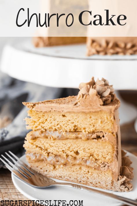 This Churro Cake has soft ,cinnamon cake layers with a rich praline filling, and a buttercream frosting with melted dark and white chocolates mixed in. This is hands down one of the best cakes you will ever eat. #sugarspiceslife #churrocake #churro #spanish #cake #praline #brownbutter #layercake #buttercream #chocolate #cinnamon #dessert Churro Cake Recipe Easy, Churro Cake Birthday, Churro Layer Cake, Churro Cake Recipe, Caramel Fiesta Cake, Spanish Cakes, Churro Inspired Desserts, Churro Desserts, Churros Dessert