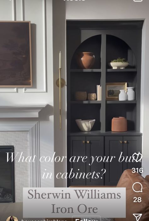 Iron Ore Built Ins, Iron Ore Living Room, Built Ins Living Room, Iron Ore, Living Room Cabinets, Built In Cabinets, Shelf Styling, Boho Living Room, Sherwin Williams