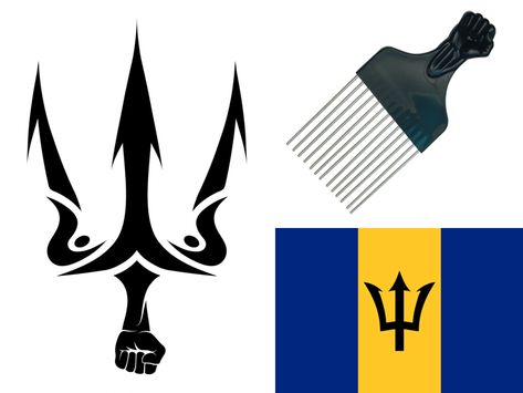 A tattoo design commission. A combination of an afro cumb and the trident from the flag of Barbados. Barbados Trident Tattoo, Barbados Tattoo Ideas, Barbados Flag Tattoo, Barbados Tattoo, Trident Tattoo, Fitness Tattoos, Bridgetown, Maori Tattoo, Jolly Roger