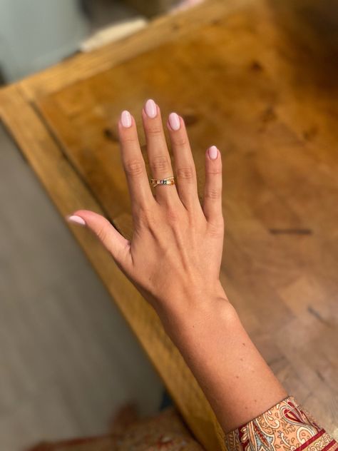 This is a woman’s hand with pale pink gel polish on her nails. The gel is the colour ‘pearl’ made by Glossify in their builder gel product. Builder Gel Inspo Nail, Glossify Nails, Natural Nails Builder Gel, Natural Nails Painted, Builder Gel With Tips, How To Use Nail Builder Gel, Solid Builder Gel, Builder Nails, Nails Painted