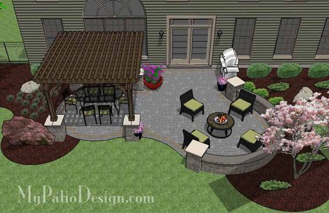 Beautiful Patio Design with Pergola | Downloadable Plan – MyPatioDesign.com Long Narrow Patio Ideas, Fire Pit Layout, Paver Patio Installation, Patio Plan, Patio Blocks, Patio Installation, Patio Plans, Patio Layout, Patio Pavers Design