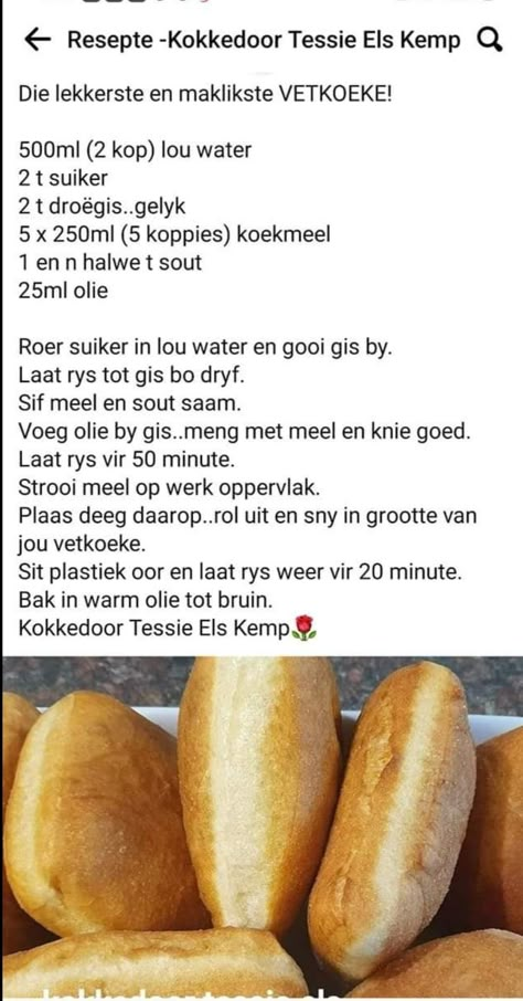 Maklike Vetkoek Deeg Resep, Easy Vetkoek Recipe South Africa, Vetkoek Recipe Easy, Resepte Afrikaans Boerekos, Vet Koek Recipe, Suid Afrikaanse Resepte, Vetkoek Recipe South Africa, Vetkoek Recipe, Fat Cakes Recipe