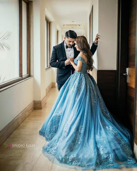 Blue Gown Pre Wedding Shoot, Blue Gown For Engagement Indian, Gown Photoshoot Poses Couple, Bridal Gowns Indian Receptions Wedding Dresses, Blue Couple Outfits, Engagement Dress For Bride Indian Gown, Sangeet Photoshoot, Engagement Gowns Indian, Engagement Couple Dress