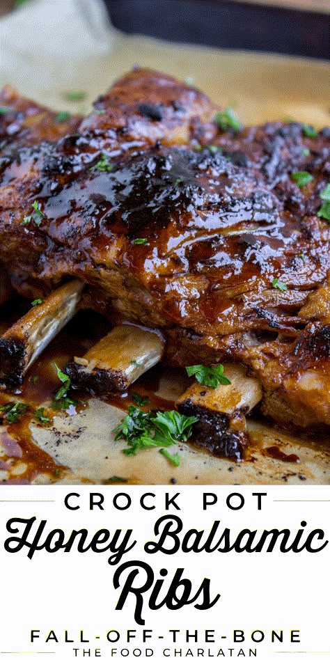 Honey Balsamic Slow Cooker Pork Ribs from The Food Charlatan Crock Pot Pork Ribs, Crockpot Pork Ribs, Slow Cooker Pork Ribs, Honey Balsamic Glaze, Country Ribs, Glazed Ribs, Crockpot Ribs, Crock Pot Pork, The Food Charlatan