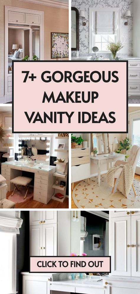 7 makeup vanity ideas Bed And Vanity Bedrooms, Makeup Vanity Color Ideas, Vanity Cart Ideas, Ideas For Makeup Organization, Makeup Vanity In Bedroom Layout, How To Decorate Your Vanity, Make Up Rooms Idea, Bedroom Makeup Vanity Ideas, Build In Vanity