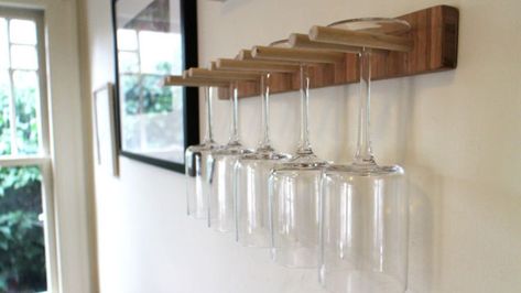 This DIY Wine Glass Rack Saves Space, Is Easy to Build Wall Wine Glass Rack, Wine Glass Holder Diy, Diy Wine Glass Rack, Wine Glass Hanger, Wine Glass Shelf, Wine Rack Design, Wine Glass Storage, Glass Shelves Kitchen, Stemware Rack