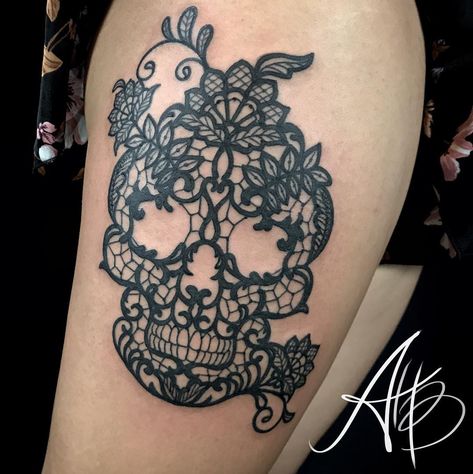 Lace Skull Tattoo, Sugar Skull Tattoo, Garter Tattoo, Lace Skull, Sugar Skull Tattoos, Lace Tattoo, Leg Tattoo, Chest Piece, Halloween Tattoos